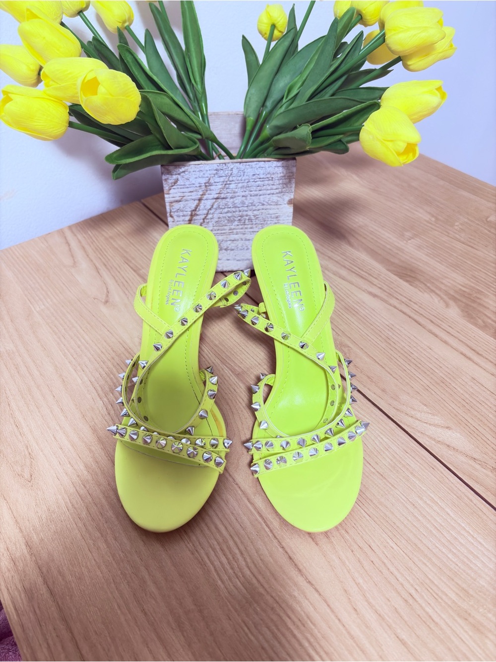 KAYLEEN By Los Angeles Neon Yellow Studded Heeled Sandals💛